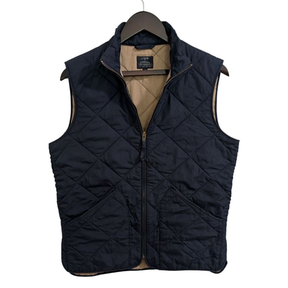 J.Crew Men's Authentic Outerwear Quilted Sussex Vest - Navy Blue & Tan Size S